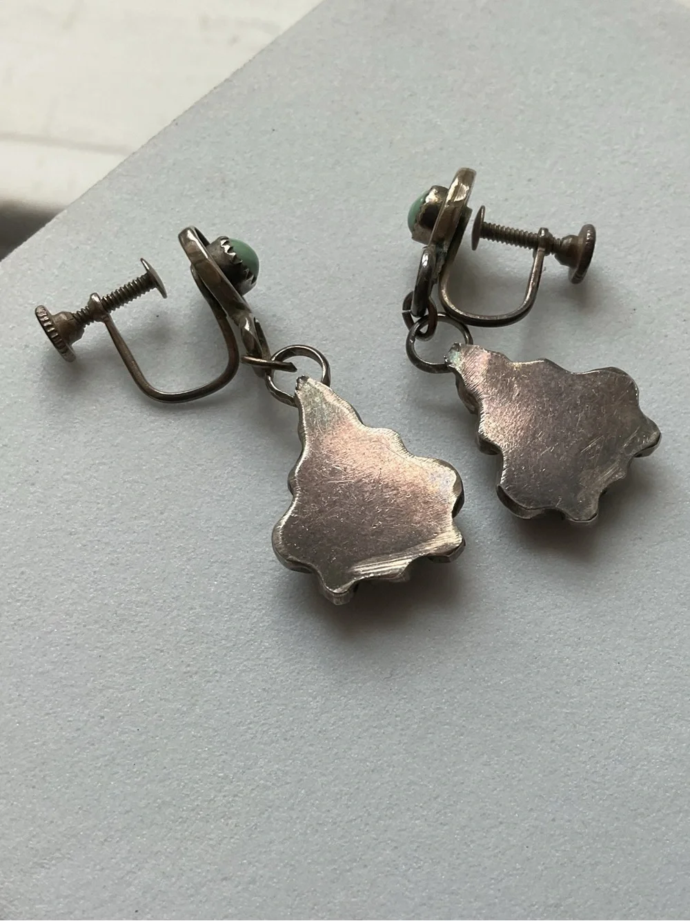 Vintage Sterling Silver Native American Turquoise Dangle Screw Back Earrings